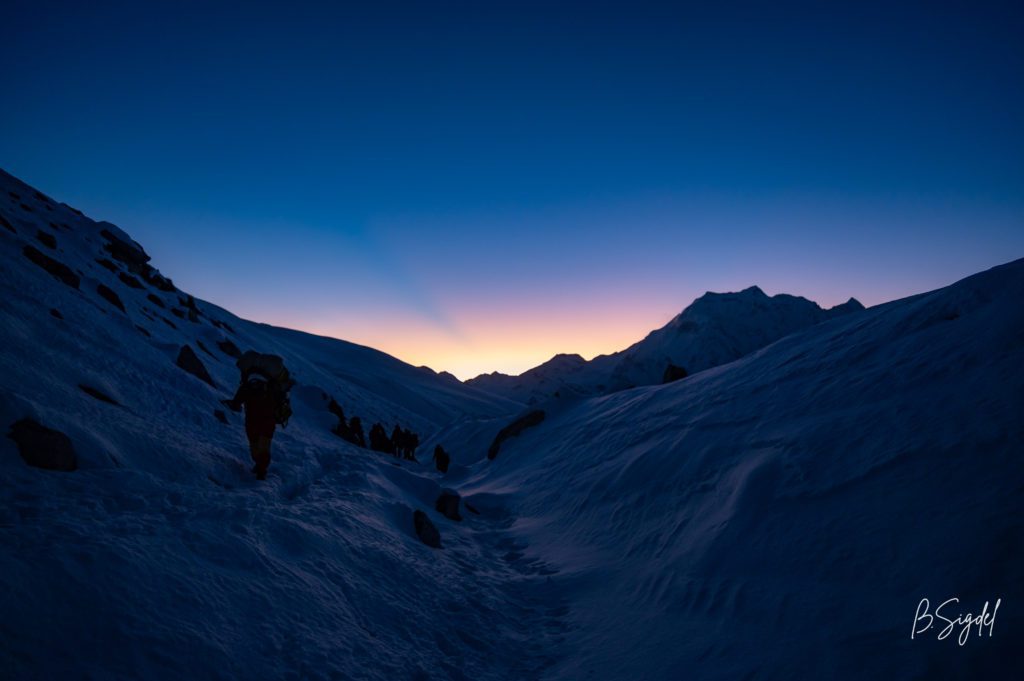 First light on Larkya La Pass